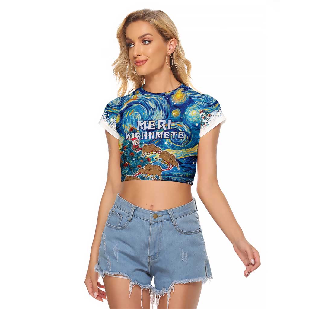 New Zealand Christmas Raglan Cropped T Shirt Kiwis Santa Sleigh Starry Night Style LT05 Female Blue - Polynesian Pride
