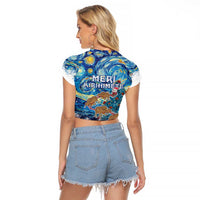 New Zealand Christmas Raglan Cropped T Shirt Kiwis Santa Sleigh Starry Night Style LT05 - Polynesian Pride