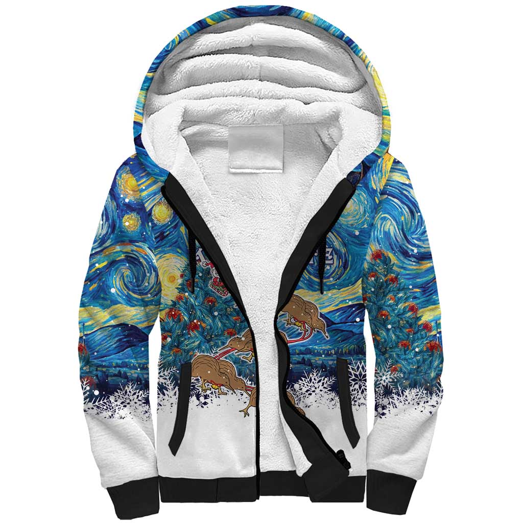 New Zealand Christmas Sherpa Hoodie Kiwis Santa Sleigh Starry Night Style LT05 Unisex Blue - Polynesian Pride