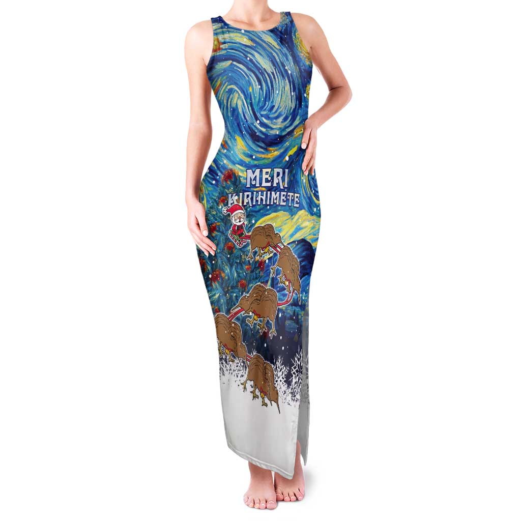 New Zealand Christmas Tank Maxi Dress Kiwis Santa Sleigh Starry Night Style LT05 Women Blue - Polynesian Pride