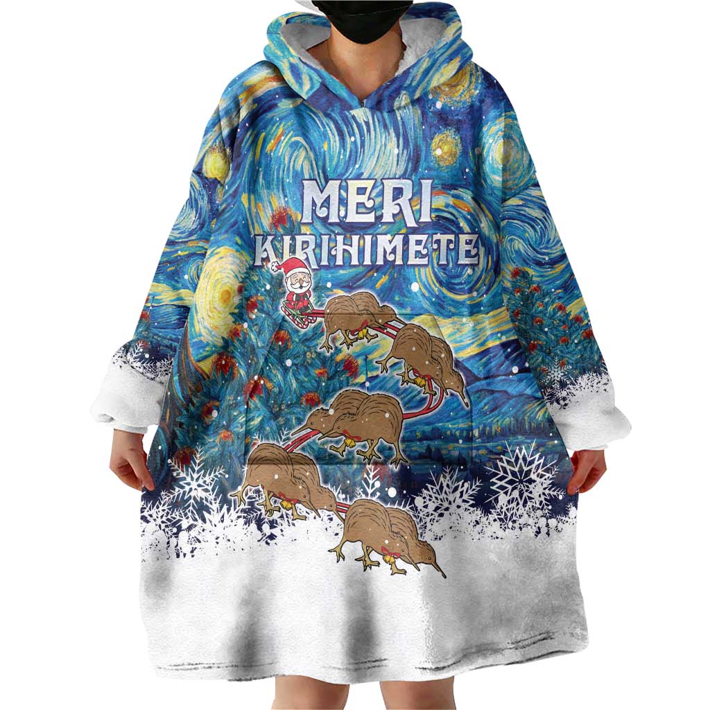 New Zealand Christmas Wearable Blanket Hoodie Kiwis Santa Sleigh Starry Night Style LT05 - Polynesian Pride