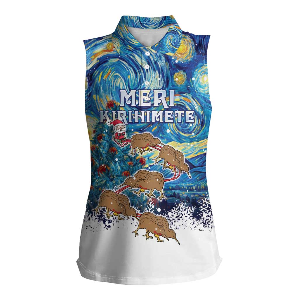New Zealand Christmas Women Sleeveless Polo Shirt Kiwis Santa Sleigh Starry Night Style LT05 Female Blue - Polynesian Pride