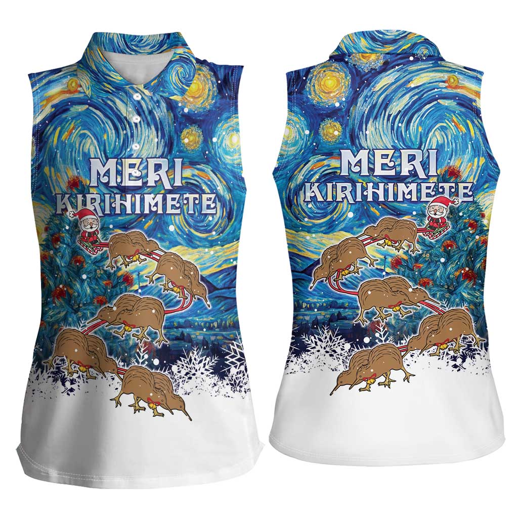 New Zealand Christmas Women Sleeveless Polo Shirt Kiwis Santa Sleigh Starry Night Style LT05 - Polynesian Pride
