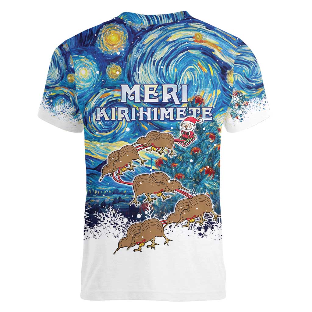 New Zealand Christmas Women V-Neck T-Shirt Kiwis Santa Sleigh Starry Night Style LT05 - Polynesian Pride