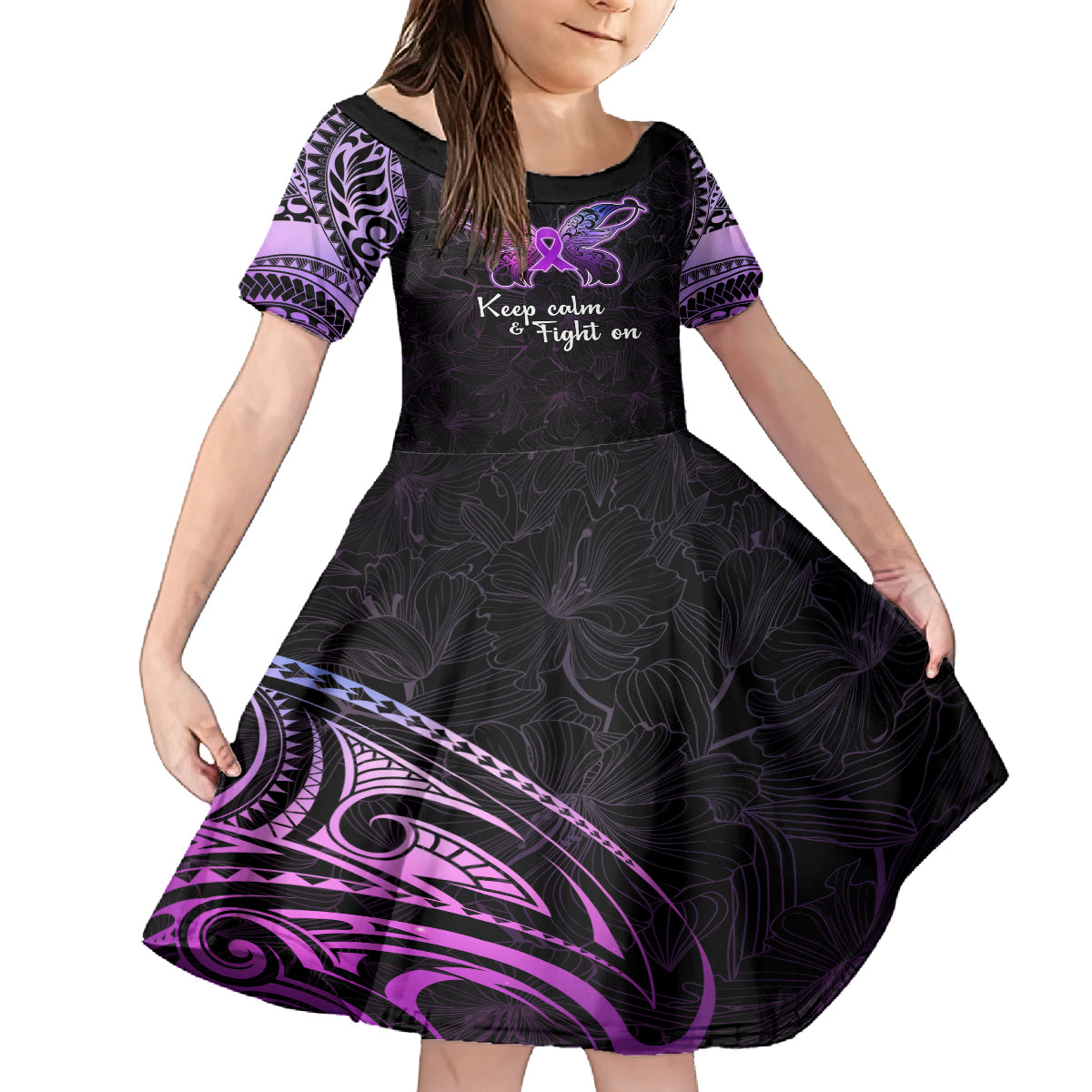 Pancreatic Cancer Awareness Family Matching Long Sleeve Bodycon Dress and Hawaiian Shirt Keep Calm And Fight On Polynesian Pattern LT05 Daughter's Dress Purple - Polynesian Pride
