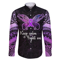 Pancreatic Cancer Awareness Family Matching Long Sleeve Bodycon Dress and Hawaiian Shirt Keep Calm And Fight On Polynesian Pattern LT05 Dad's Shirt - Long Sleeve Purple - Polynesian Pride