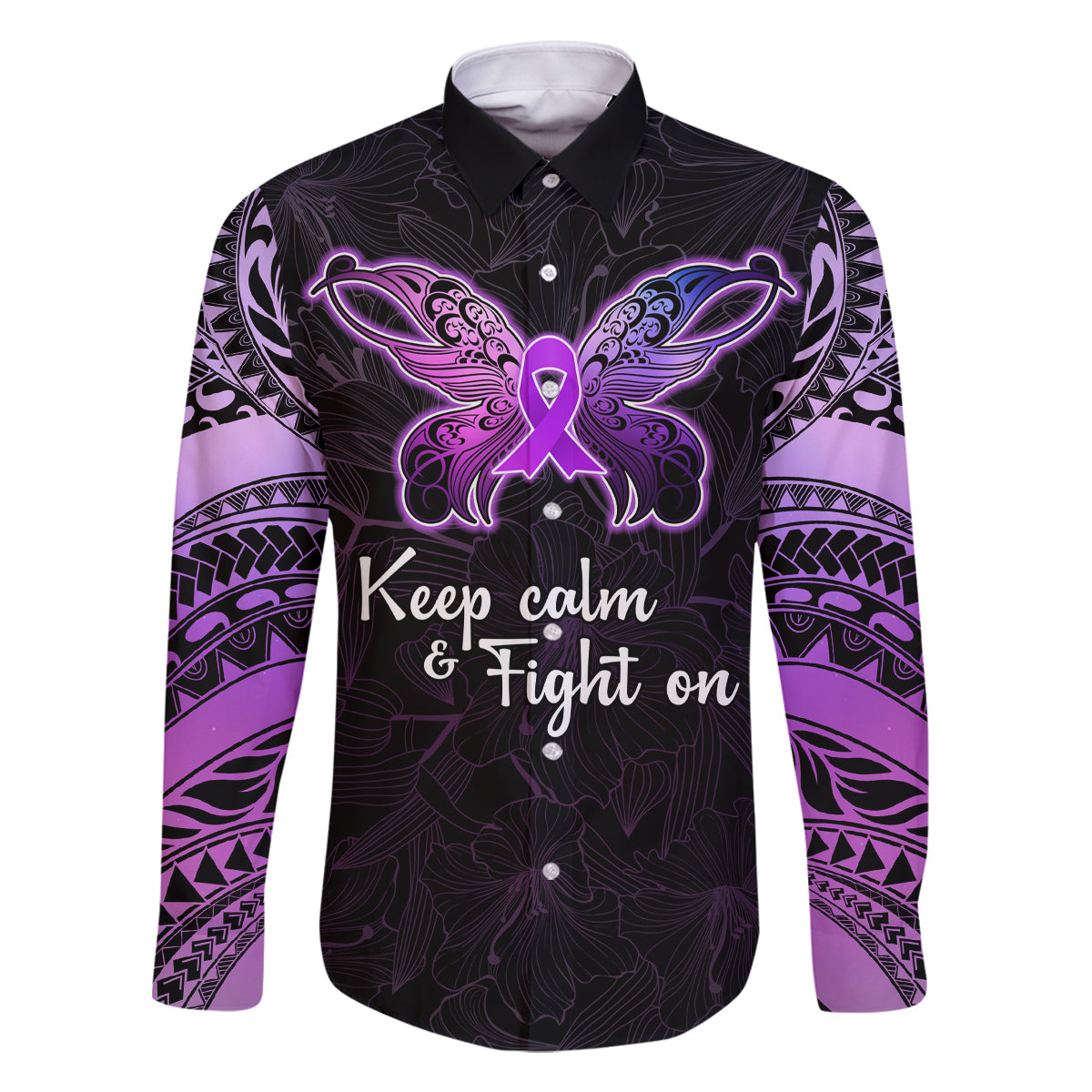 Pancreatic Cancer Awareness Family Matching Off Shoulder Long Sleeve Dress and Hawaiian Shirt Keep Calm And Fight On Polynesian Pattern LT05 Dad's Shirt - Long Sleeve Purple - Polynesian Pride