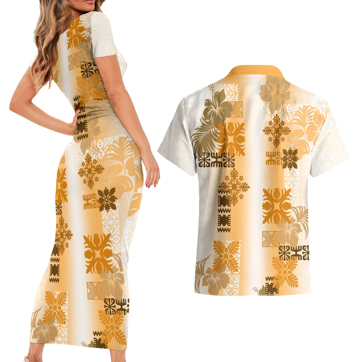 Hawaiian Quilt Couples Matching Short Sleeve Bodycon Dress and Hawaiian Shirt Vintage Pattern Brown LT05 - Polynesian Pride