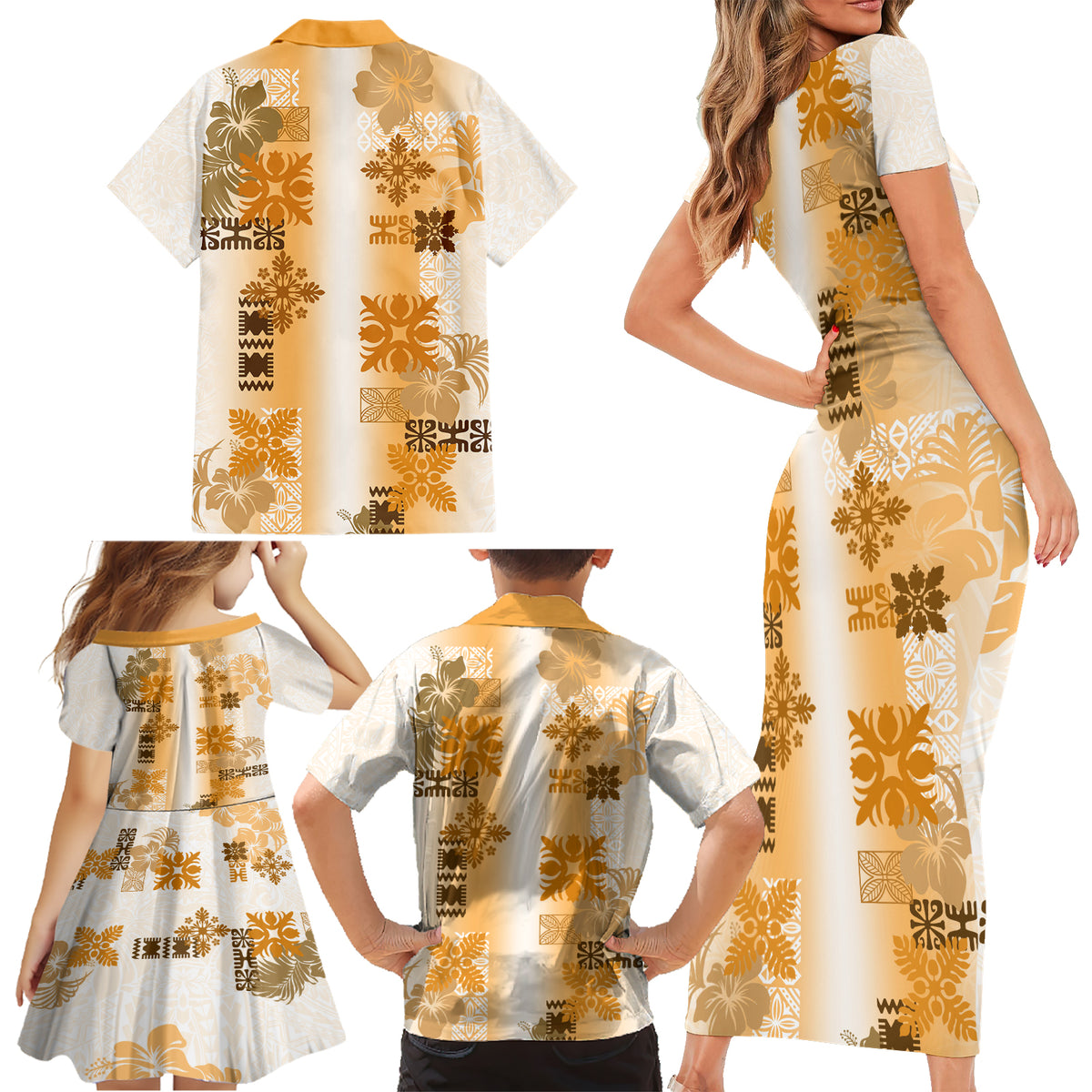 Hawaiian Quilt Family Matching Short Sleeve Bodycon Dress and Hawaiian Shirt Vintage Pattern Brown LT05 - Polynesian Pride