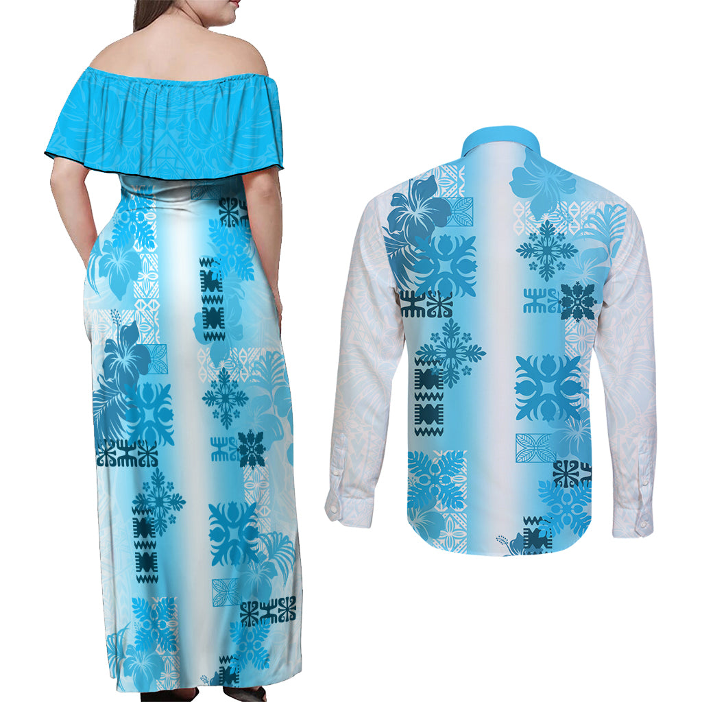Hawaiian Quilt Couples Matching Off Shoulder Maxi Dress and Long Sleeve Button Shirt Vintage Pattern Blue LT05 - Polynesian Pride