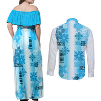 Hawaiian Quilt Couples Matching Off Shoulder Maxi Dress and Long Sleeve Button Shirt Vintage Pattern Blue LT05 - Polynesian Pride