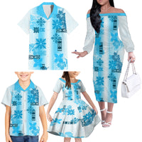 Hawaiian Quilt Family Matching Off Shoulder Long Sleeve Dress and Hawaiian Shirt Vintage Pattern Blue LT05 - Polynesian Pride