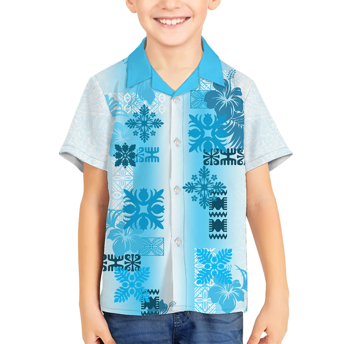 Hawaiian Quilt Family Matching Puletasi Dress and Hawaiian Shirt Vintage Pattern Blue LT05 Son's Shirt Blue - Polynesian Pride