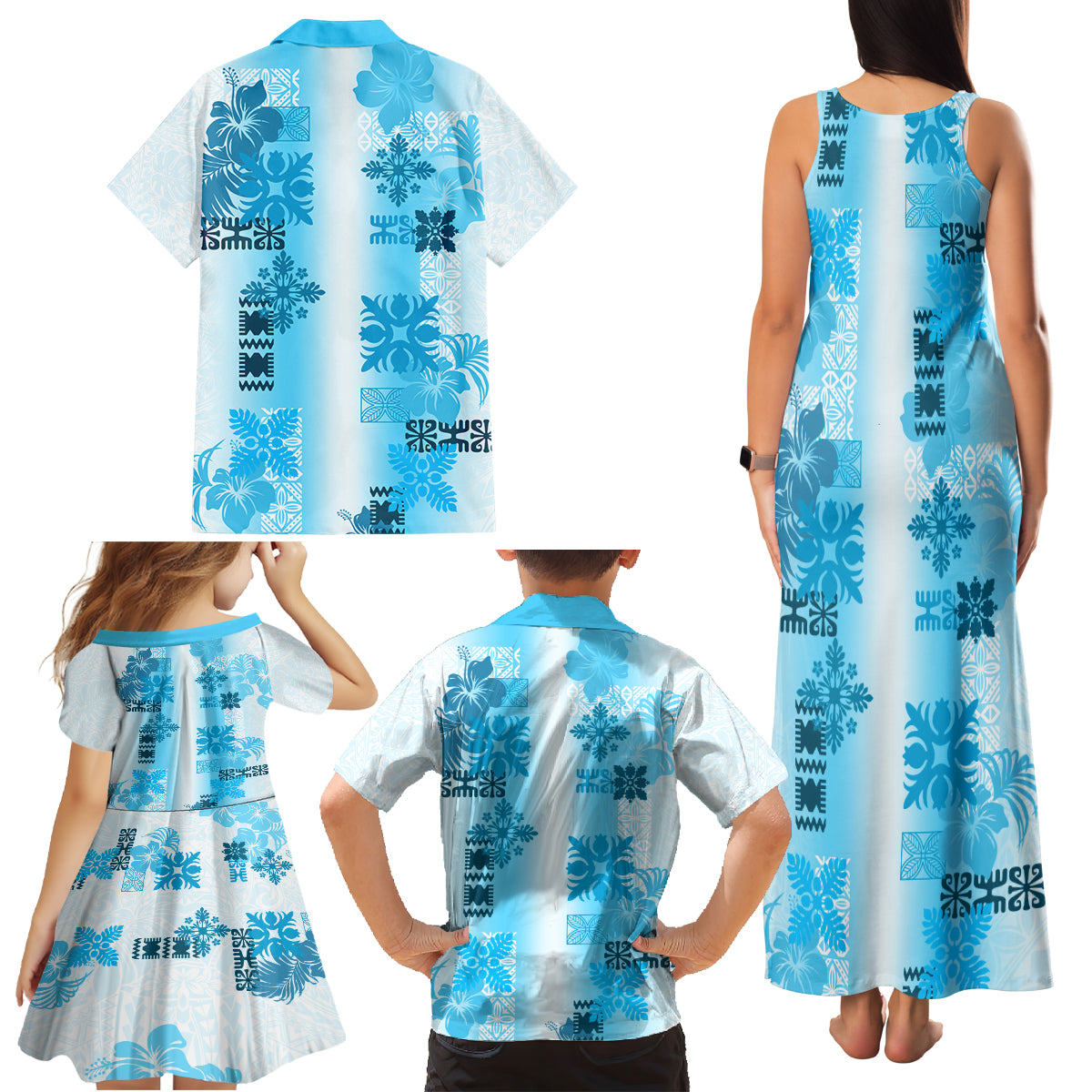 Hawaiian Quilt Family Matching Tank Maxi Dress and Hawaiian Shirt Vintage Pattern Blue LT05 - Polynesian Pride