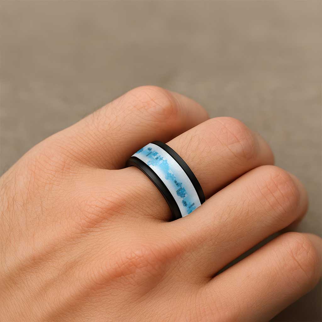 Hawaiian Quilt Spinner Ring Vintage Pattern Blue - Polynesian Pride