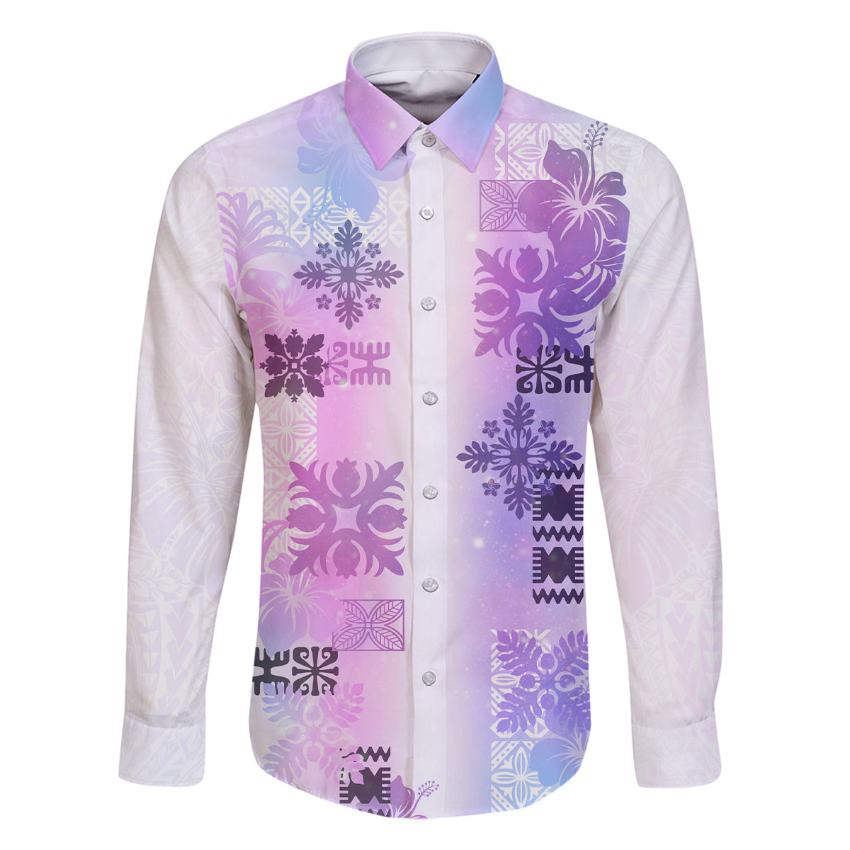 Hawaiian Quilt Family Matching Off Shoulder Short Dress and Hawaiian Shirt Vintage Pattern Galaxy LT05 Dad's Shirt - Long Sleeve Galaxy - Polynesian Pride