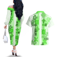 Hawaiian Quilt Couples Matching Off The Shoulder Long Sleeve Dress and Hawaiian Shirt Vintage Pattern Green LT05 - Polynesian Pride