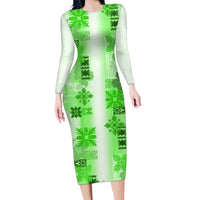 Hawaiian Quilt Family Matching Long Sleeve Bodycon Dress and Hawaiian Shirt Vintage Pattern Green LT05 Mom's Dress Green - Polynesian Pride