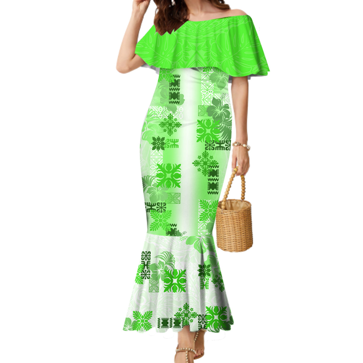 Hawaiian Quilt Family Matching Mermaid Dress and Hawaiian Shirt Vintage Pattern Green LT05 Mom's Dress Green - Polynesian Pride