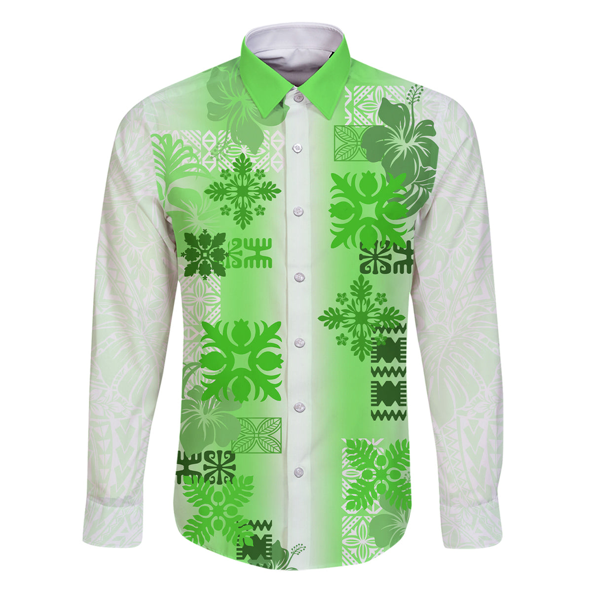 Hawaiian Quilt Family Matching Off Shoulder Maxi Dress and Hawaiian Shirt Vintage Pattern Green LT05 Dad's Shirt - Long Sleeve Green - Polynesian Pride