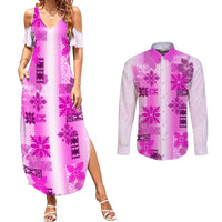 Hawaiian Quilt Couples Matching Summer Maxi Dress and Long Sleeve Button Shirt Vintage Pattern Pink LT05 Pink - Polynesian Pride