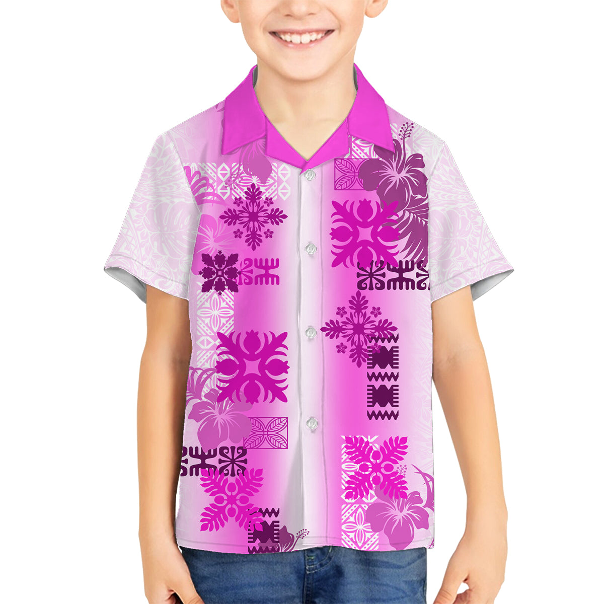 Hawaiian Quilt Family Matching Tank Maxi Dress and Hawaiian Shirt Vintage Pattern Pink LT05 Son's Shirt Pink - Polynesian Pride