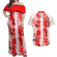 Hawaiian Quilt Couples Matching Off Shoulder Maxi Dress and Hawaiian Shirt Vintage Pattern Red LT05 Red - Polynesian Pride