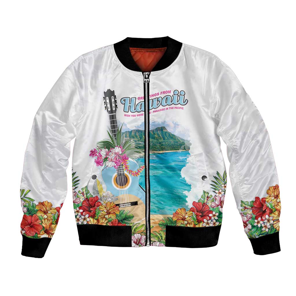 Aloha Hawaii Waikiki Beach Landscape Bomber Jacket LT05 Unisex White - Polynesian Pride