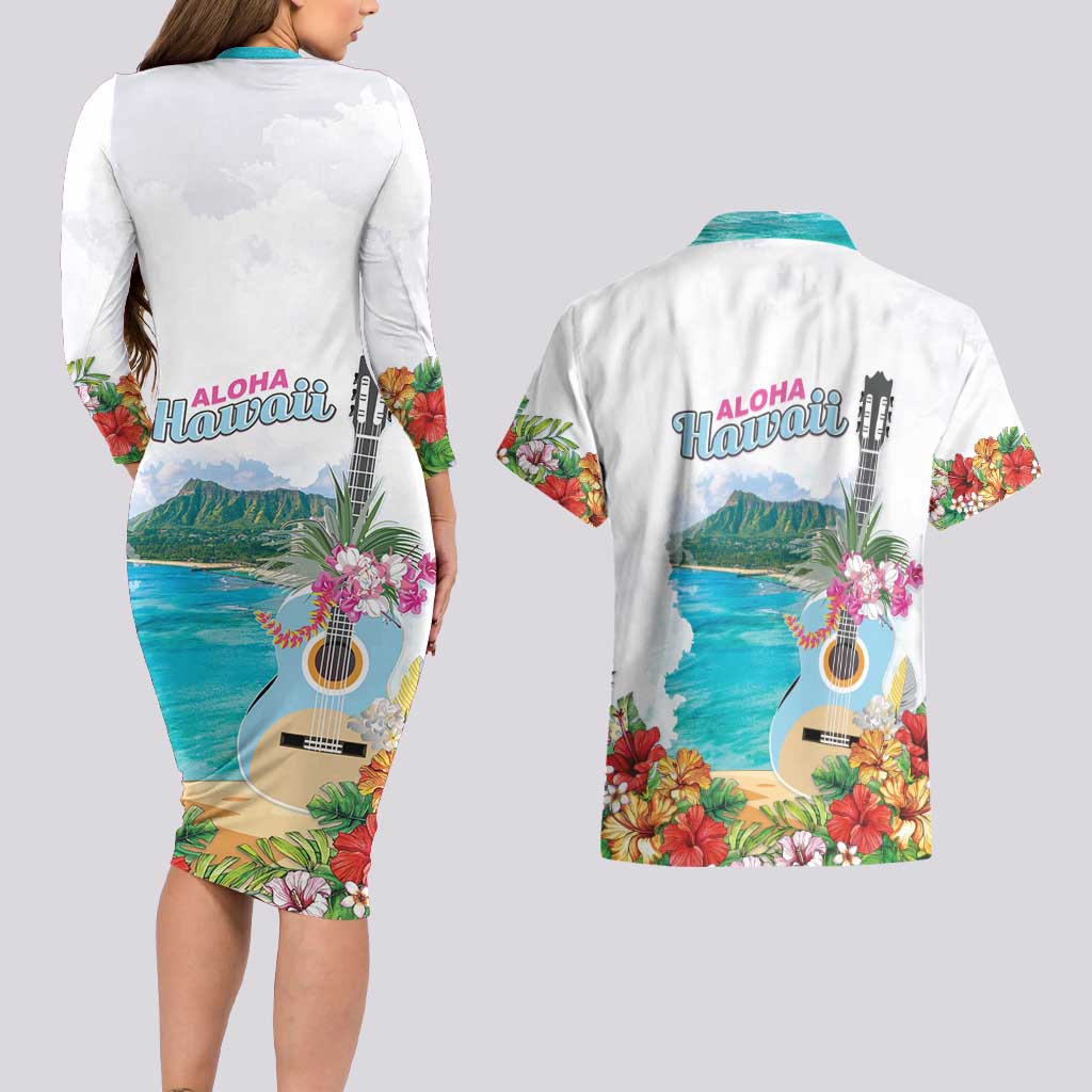 Aloha Hawaii Waikiki Beach Landscape Couples Matching Long Sleeve Bodycon Dress and Hawaiian Shirt LT05 - Polynesian Pride