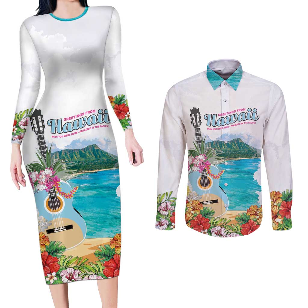Aloha Hawaii Waikiki Beach Landscape Couples Matching Long Sleeve Bodycon Dress and Long Sleeve Button Shirt LT05 White - Polynesian Pride