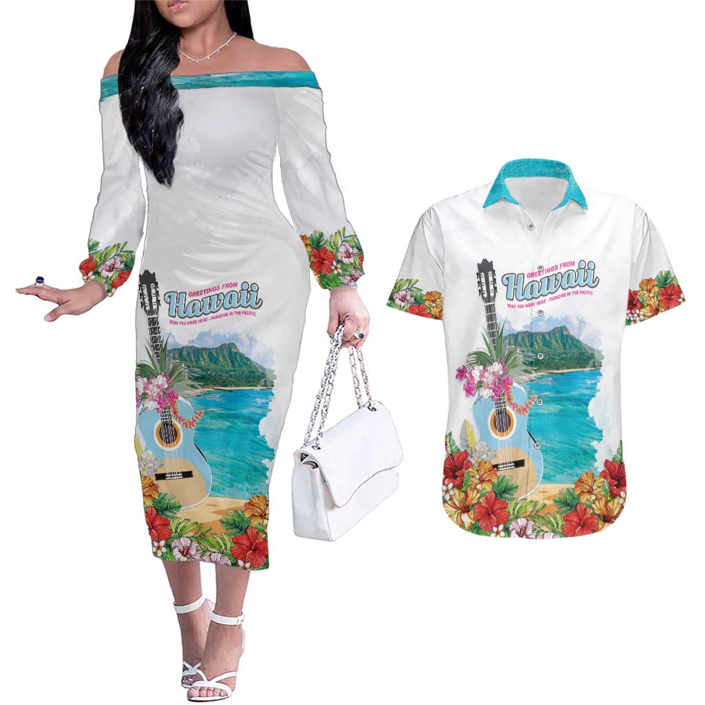Aloha Hawaii Waikiki Beach Landscape Couples Matching Off The Shoulder Long Sleeve Dress and Hawaiian Shirt LT05 White - Polynesian Pride