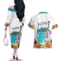 Aloha Hawaii Waikiki Beach Landscape Couples Matching Off The Shoulder Long Sleeve Dress and Hawaiian Shirt LT05 - Polynesian Pride