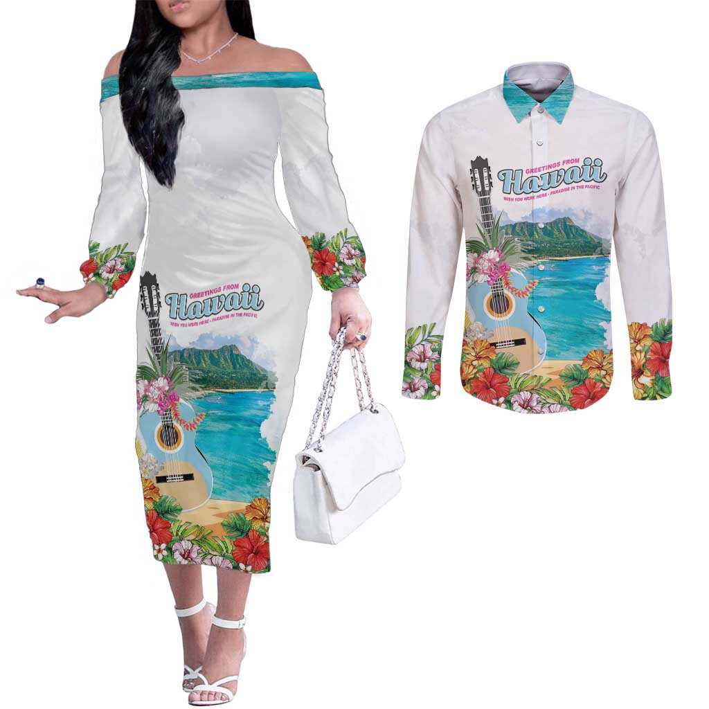 Aloha Hawaii Waikiki Beach Landscape Couples Matching Off The Shoulder Long Sleeve Dress and Long Sleeve Button Shirt LT05 White - Polynesian Pride