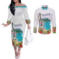 Aloha Hawaii Waikiki Beach Landscape Couples Matching Off The Shoulder Long Sleeve Dress and Long Sleeve Button Shirt LT05 White - Polynesian Pride