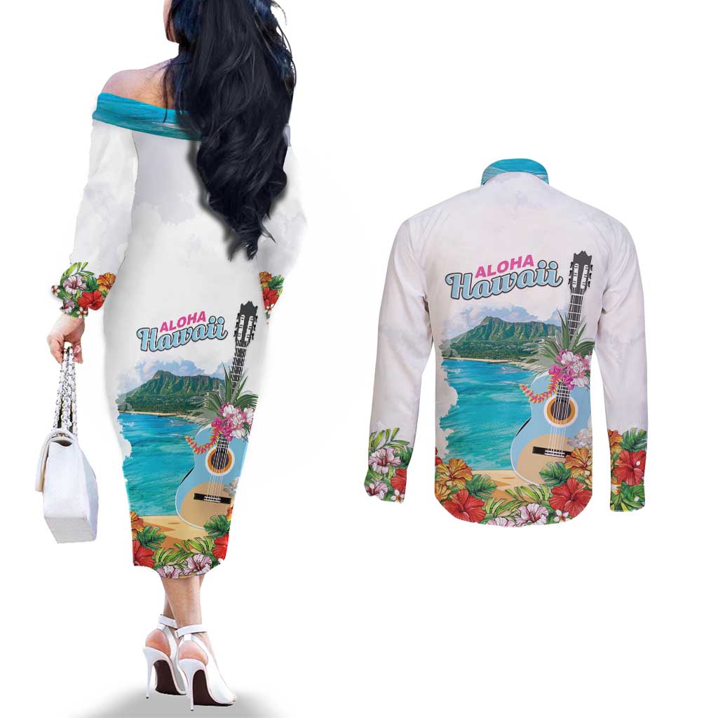 Aloha Hawaii Waikiki Beach Landscape Couples Matching Off The Shoulder Long Sleeve Dress and Long Sleeve Button Shirt LT05 - Polynesian Pride