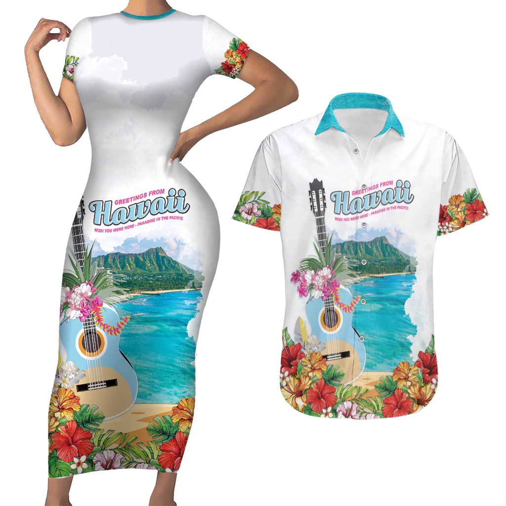 Aloha Hawaii Waikiki Beach Landscape Couples Matching Short Sleeve Bodycon Dress and Hawaiian Shirt LT05 White - Polynesian Pride