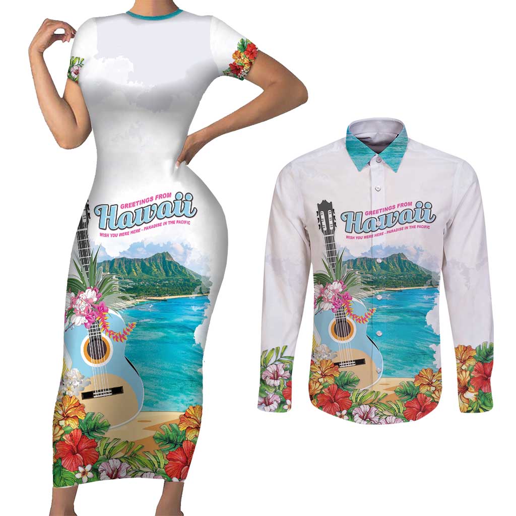 Aloha Hawaii Waikiki Beach Landscape Couples Matching Short Sleeve Bodycon Dress and Long Sleeve Button Shirt LT05 White - Polynesian Pride