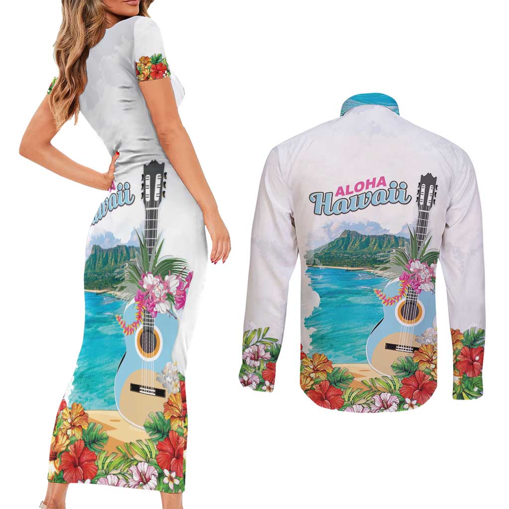 Aloha Hawaii Waikiki Beach Landscape Couples Matching Short Sleeve Bodycon Dress and Long Sleeve Button Shirt LT05 - Polynesian Pride