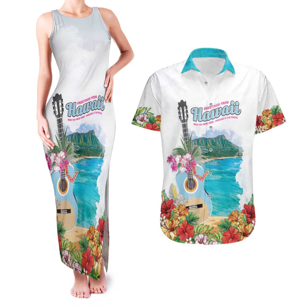 Aloha Hawaii Waikiki Beach Landscape Couples Matching Tank Maxi Dress and Hawaiian Shirt LT05 White - Polynesian Pride