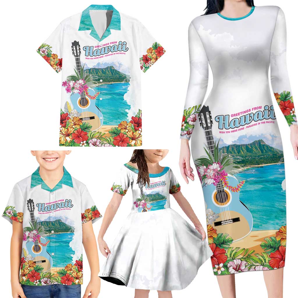 Aloha Hawaii Waikiki Beach Landscape Family Matching Long Sleeve Bodycon Dress and Hawaiian Shirt
