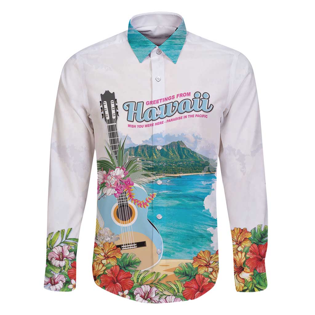 Aloha Hawaii Waikiki Beach Landscape Family Matching Off Shoulder Maxi Dress and Hawaiian Shirt LT05 Dad's Shirt - Long Sleeve White - Polynesian Pride