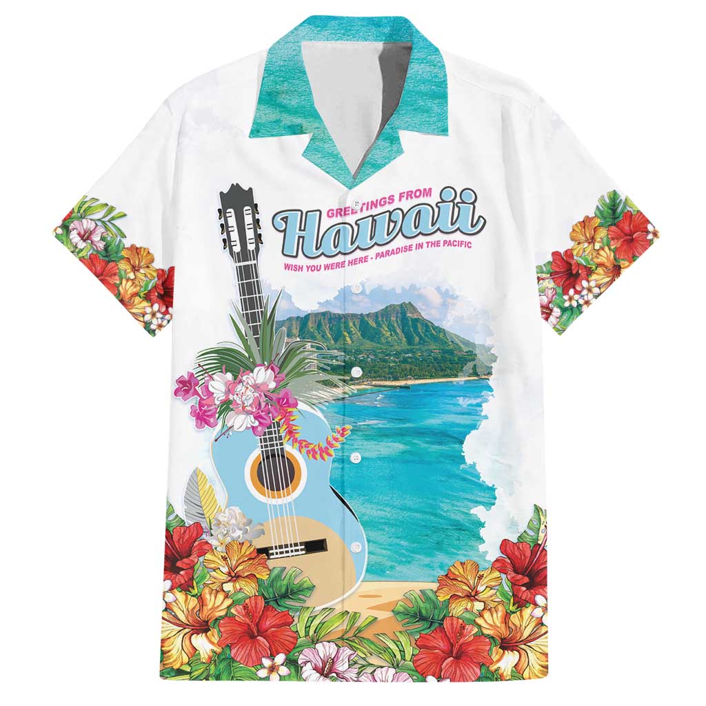 Aloha Hawaii Waikiki Beach Landscape Family Matching Off Shoulder Short Dress and Hawaiian Shirt LT05 Dad's Shirt - Short Sleeve White - Polynesian Pride
