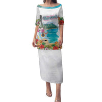 Aloha Hawaii Waikiki Beach Landscape Family Matching Puletasi and Hawaiian Shirt LT05 Mom's Dress White - Polynesian Pride