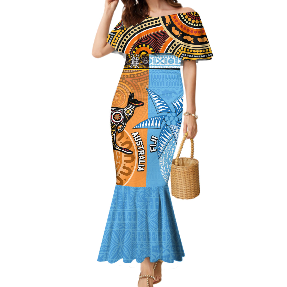 Custom Fiji Tapa And Australia Aboriginal Together Family Matching Mermaid Dress and Hawaiian Shirt LT05 Mom's Dress Blue - Polynesian Pride