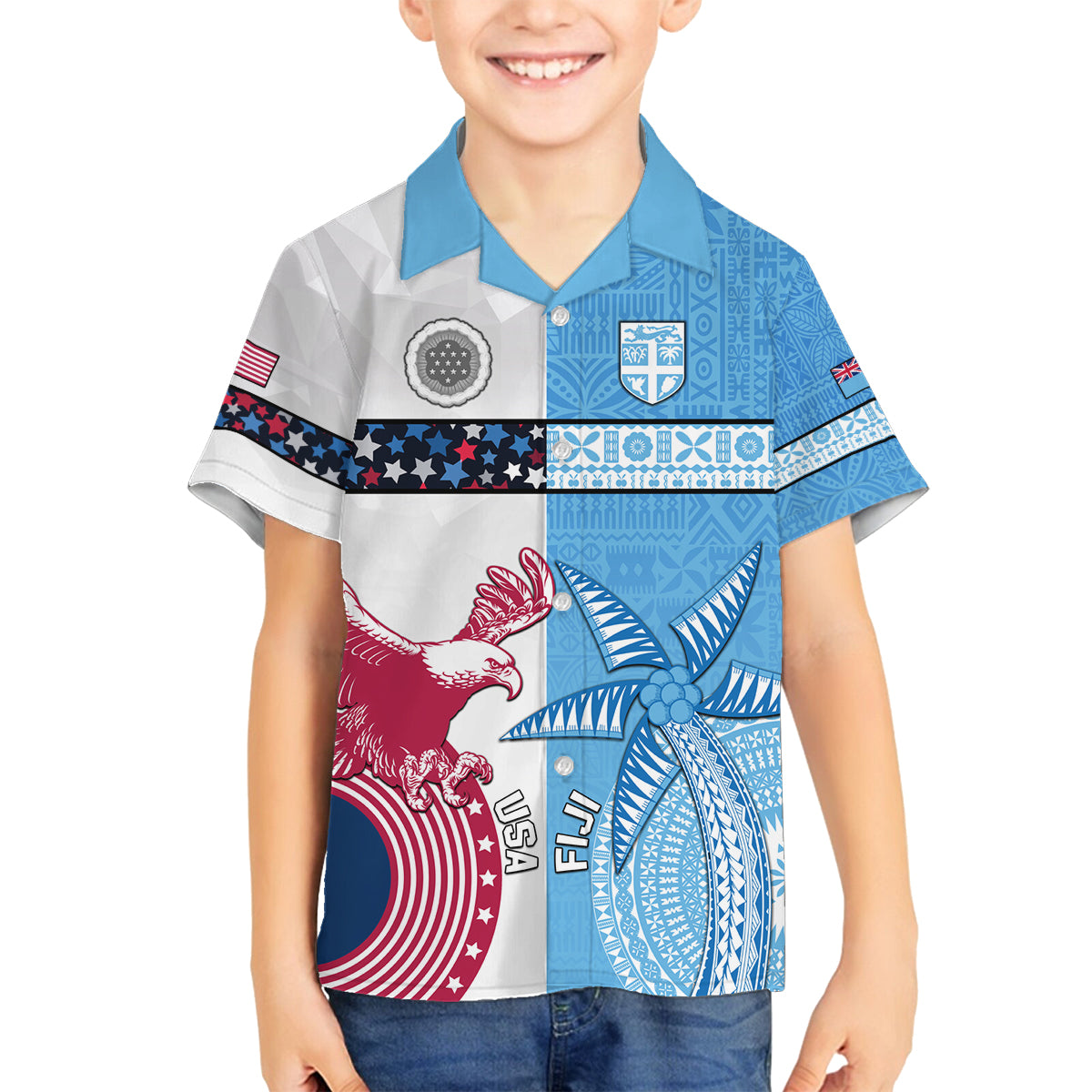 Custom Fiji And USA Palm Tree With Eagle Family Matching Puletasi Dress and Hawaiian Shirt LT05 Son's Shirt Blue - Polynesian Pride