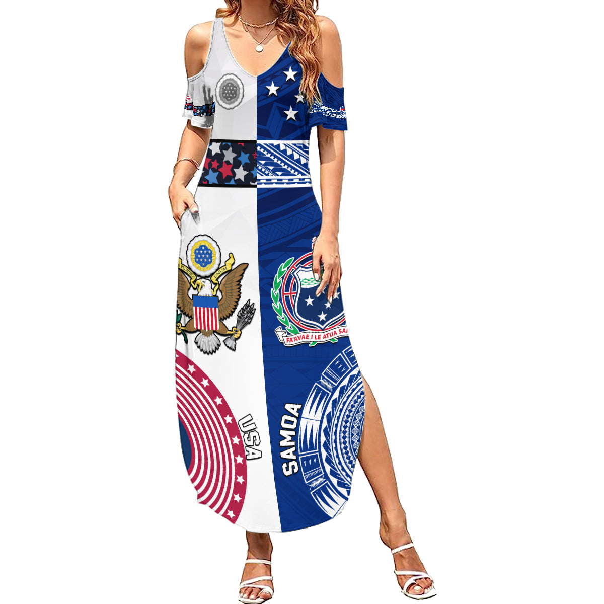 Custom Samoa And USA Together Family Matching Summer Maxi Dress and Hawaiian Shirt LT05 Mom's Dress Blue - Polynesian Pride