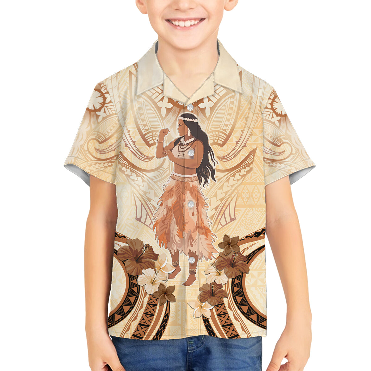 Tonga Women's Day Family Matching Off Shoulder Short Dress and Hawaiian Shirt With Polynesian Pattern LT05 Son's Shirt Beige - Polynesian Pride