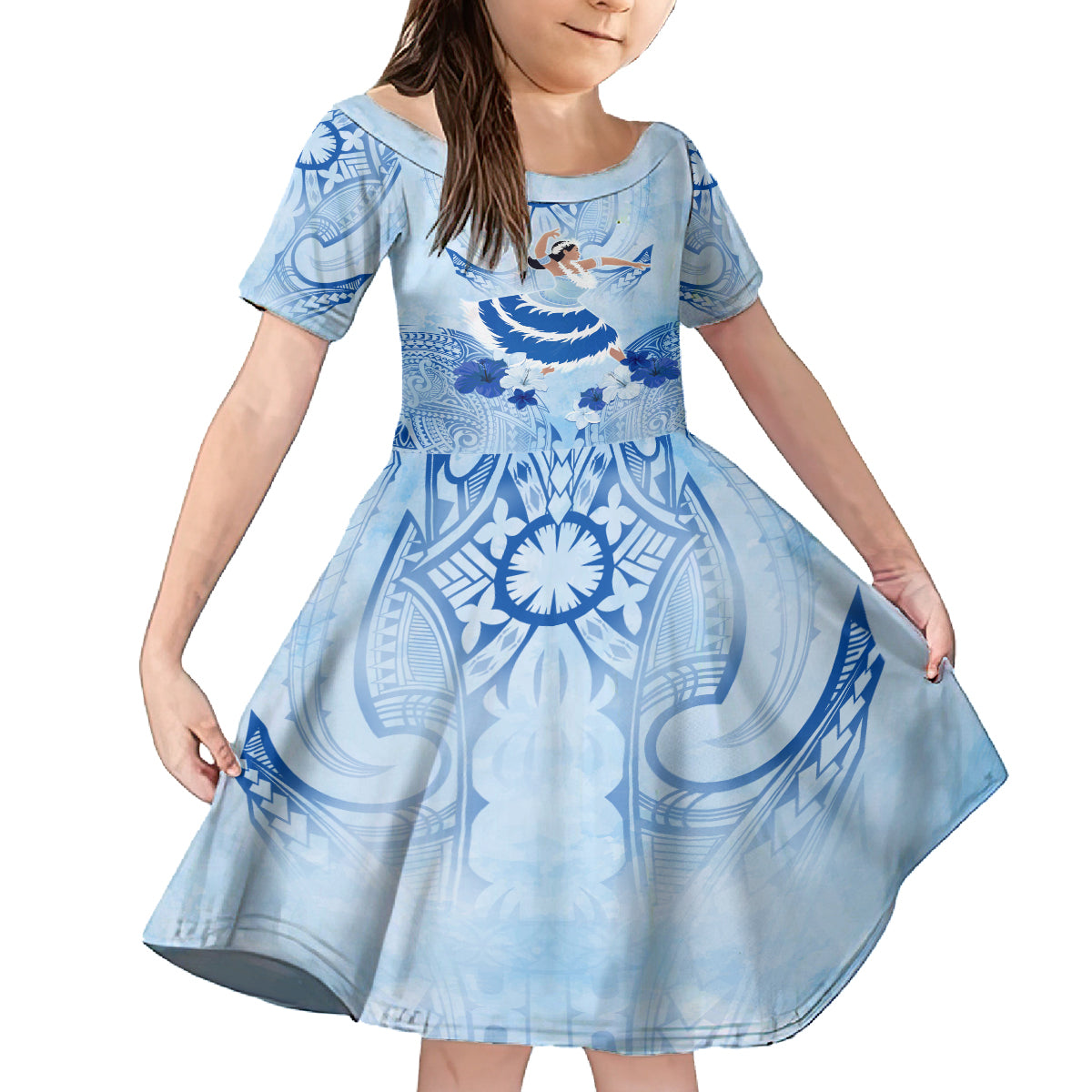 Cook Islands Women's Day Family Matching Off Shoulder Maxi Dress and Hawaiian Shirt With Polynesian Pattern LT05 Daughter's Dress Blue - Polynesian Pride