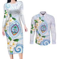Guam Chamorro Couples Matching Long Sleeve Bodycon Dress and Long Sleeve Button Shirt Guasali Flowers Curves Style LT05 Blue - Polynesian Pride