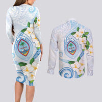 Guam Chamorro Couples Matching Long Sleeve Bodycon Dress and Long Sleeve Button Shirt Guasali Flowers Curves Style LT05 - Polynesian Pride